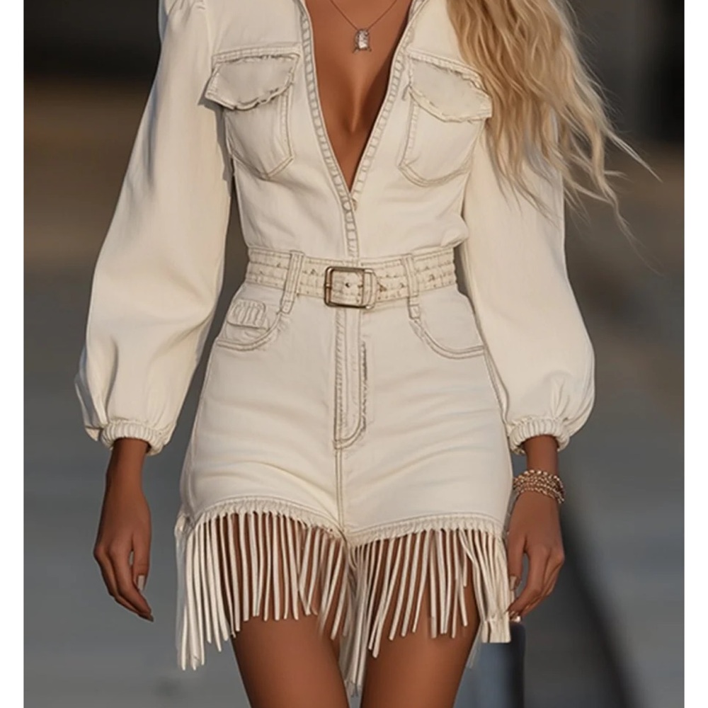 Stylish Cream denim Jumpsuit with Fringe Details